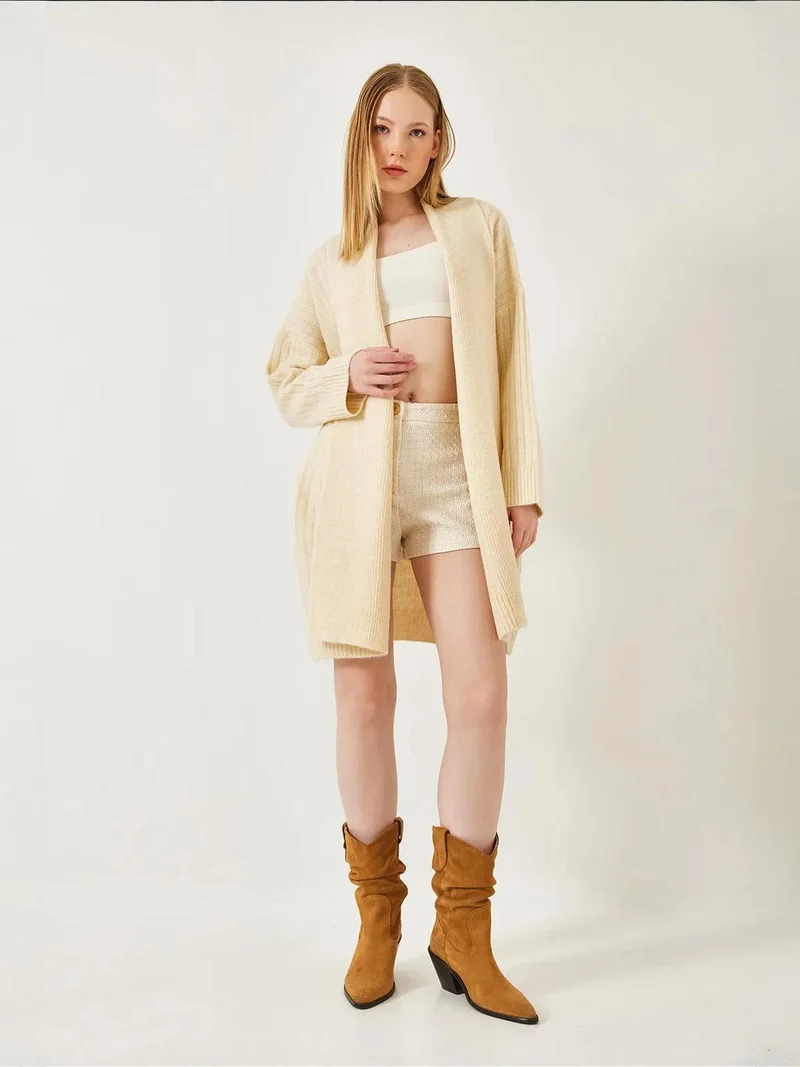Bianco Lucci Beige Natural LUCCI Textured Long Ribbed Shawl Collar Cardigan for Women | Best Price UAE