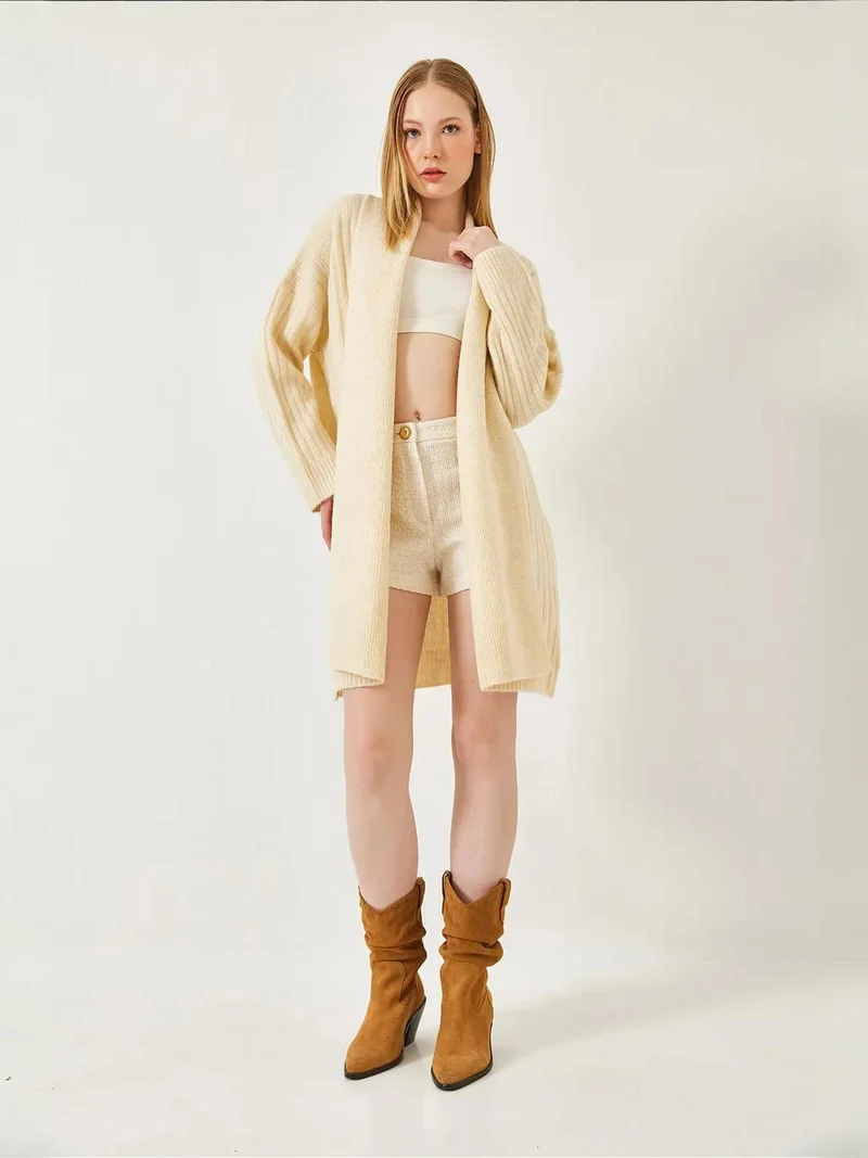 Bianco Lucci Beige Natural LUCCI Textured Long Ribbed Shawl Collar Cardigan for Women | Best Price UAE