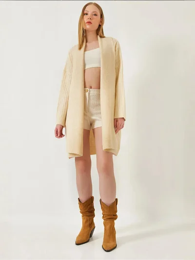 Bianco Lucci LUCCI Textured Long Ribbed Shawl Collar Cardigan