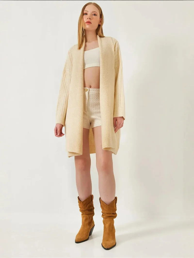 LUCCI Textured Long Ribbed Shawl Collar Cardigan