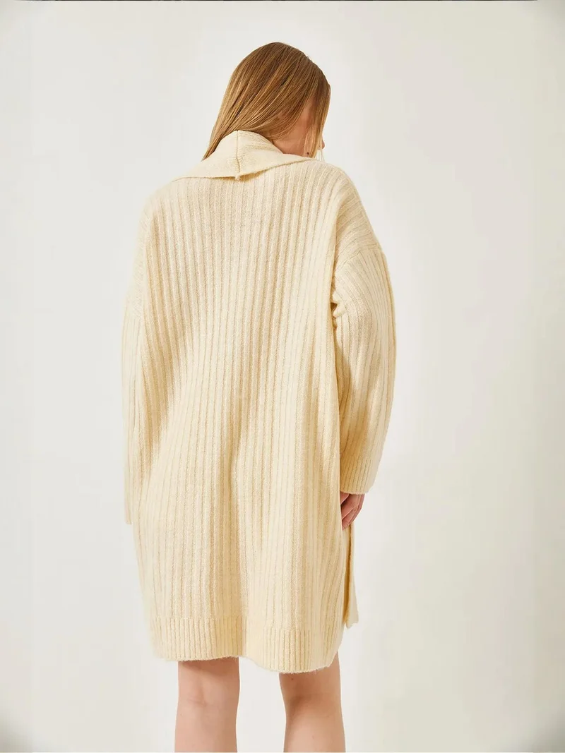 Bianco Lucci Beige Natural LUCCI Textured Long Ribbed Shawl Collar Cardigan for Women | Best Price UAE