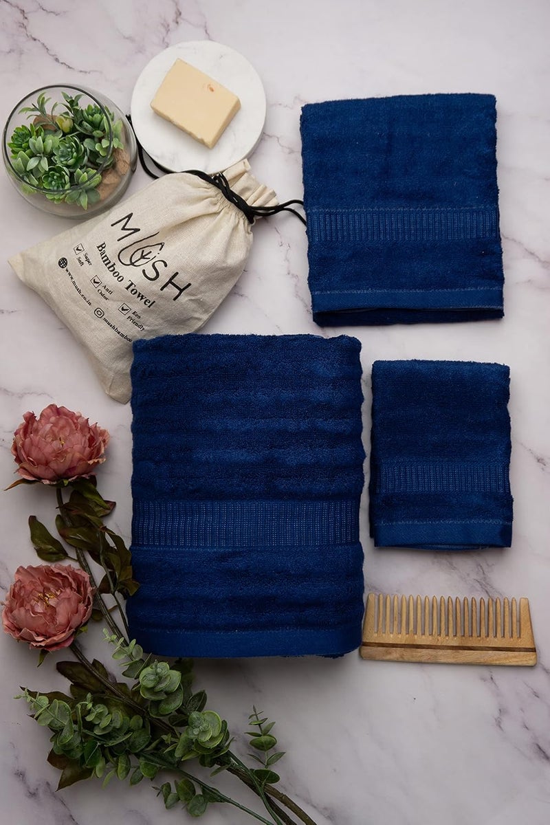 Mush Bamboo Towel: Ultra Soft, Absorbent, Eco Friendly 600 GSM 6 Pieces (2 Bath, 2 Hand, 2 Face) (Navy & Sky) - Image 2