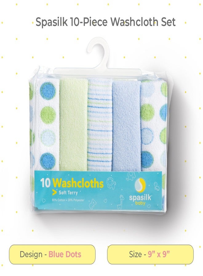 Spasilk Washcloth Wipes Set for Newborn Boys and Girls, Soft Terry Washcloth Set, Pack of 10, Blue Dots - Image 2
