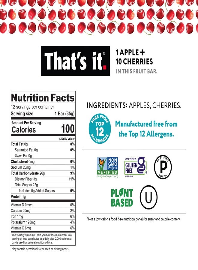 That's it. Apple + Cherry 100% Natural Real Fruit Bar, Best High Fiber Vegan, Gluten Free Healthy Snack, Paleo for Children & Adults, Non GMO No Sugar Added, No Preservatives Energy Food (12 Pack) - Image 3