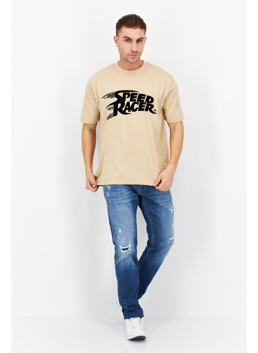 Speed Racer - Men Oversized Crew Neck Short Sleeve Brand Logo T-Shirt, Beige - Image 1