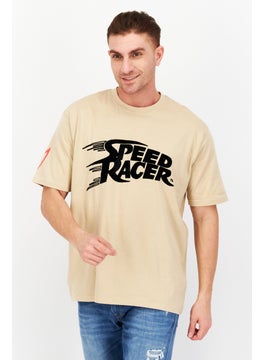 Men Oversized Crew Neck Short Sleeve Brand Logo T-Shirt, Beige