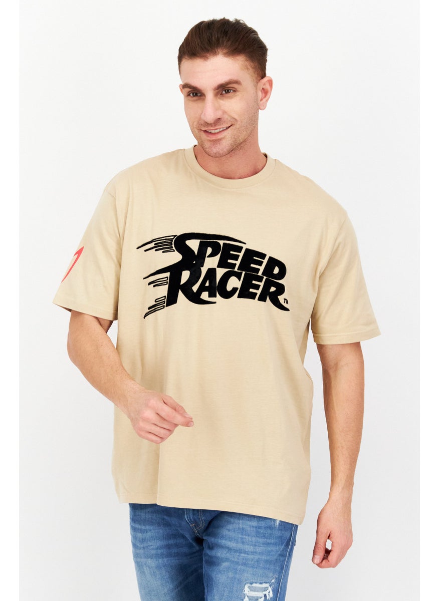 Speed Racer - Men Oversized Crew Neck Short Sleeve Brand Logo T-Shirt, Beige - Image 1