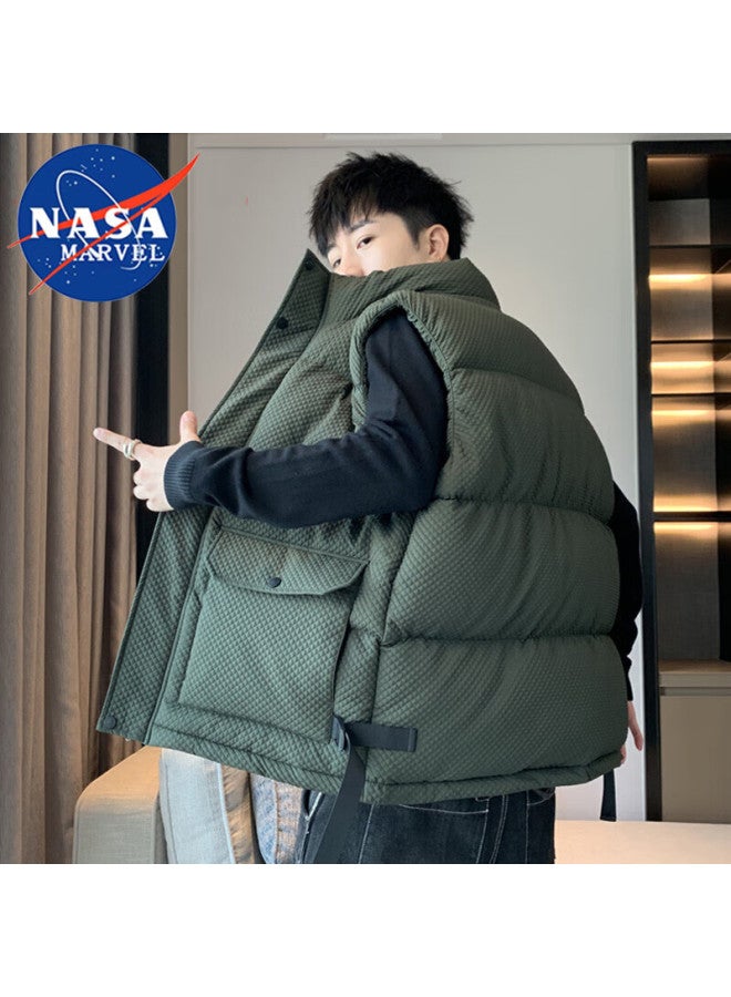 Nasa Marvel Men's Cotton Padded Vest Jacket Winter Stand Collar Casual Warm Thick Trendy Outdoor Couple Military Green XL - Image 1