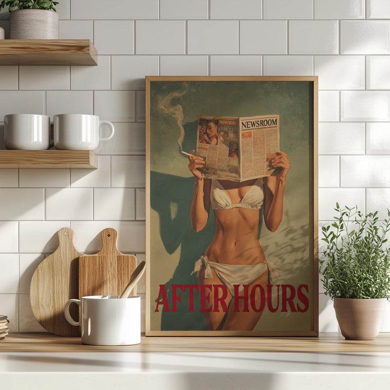 TNESSENTIAL After Hours Vintage Western Wall Art Poster or Canvas Print, Retro Bikini Art Print, Smoking Girl 70s Wall Art, Typography Decor for Mancave - Image 1