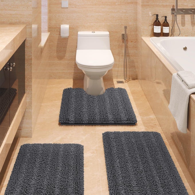 STRIPED GREY BATHROOM RUG SET 3 PIECES GRAY ULTRA SOFT NON SLIP CHENILLE TOILET MAT ABSORBENT PLUSH SHAGGY BATH MATS FOR BATHROOM BEDROOM KITCHEN CHARCOAL