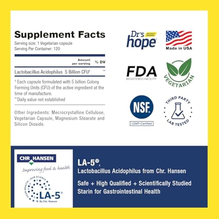 Dr’s Hope Lactobacillus Acidophilus Boost 5B CFU - Probiotics for Digestive Health - Supports Digestive Health, Immune Function, and Overall Gut Health - 120 Veggie Capsules, Made in the USA - Image 2