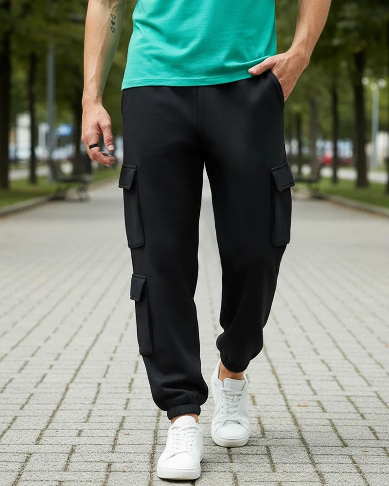 bewakoof Men's Black Super Loose Fit Brushed Cargo Joggers