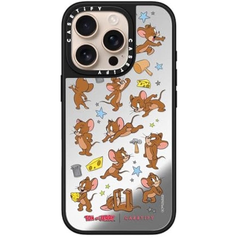 Casetify Mirror Case for iPhone 16 Pro 【Tom and Jerry Colab/Reflective / 4.9ft Drop Protection/Compatible with Magsafe】 - Jerry Pattern - Silver on Black - Image 3