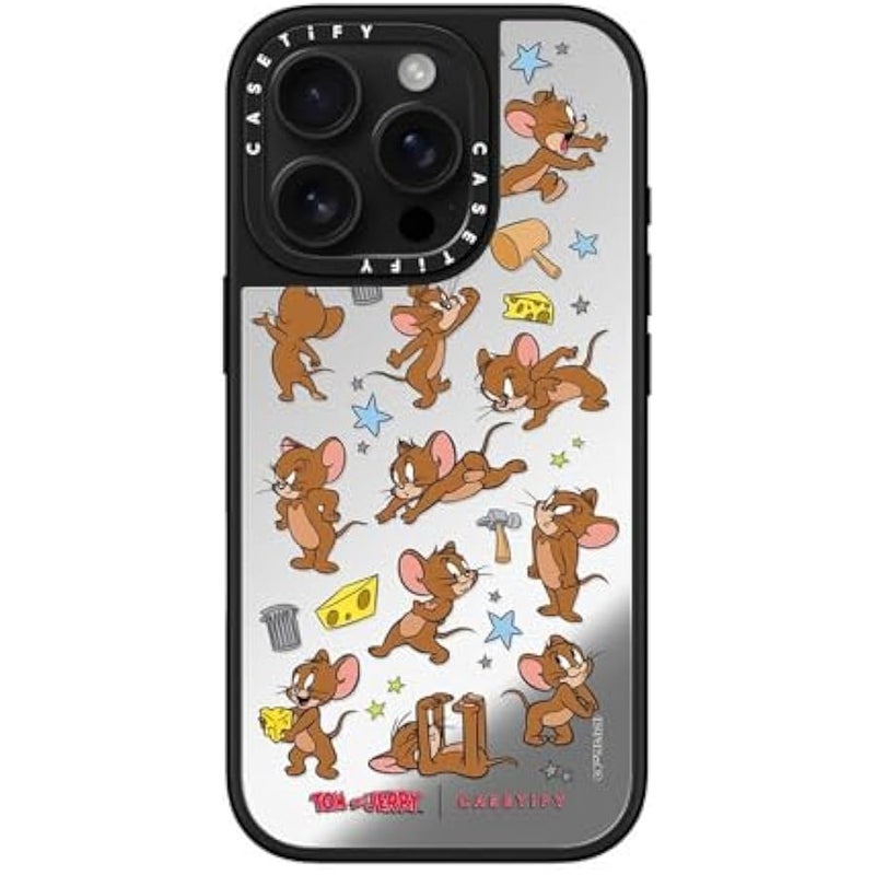Casetify Mirror Case for iPhone 16 Pro 【Tom and Jerry Colab/Reflective / 4.9ft Drop Protection/Compatible with Magsafe】 - Jerry Pattern - Silver on Black - Image 1