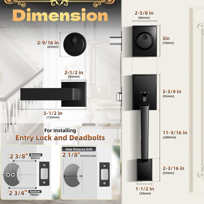 Azdele Front Door Handle and Deadbolt Set, Front Door Lock Set, Exterior Door Lock Set, Front Door Handle with Single Cylinder Deadbolt for Exterior Door, Reversible for Right&Left(Matte Black Modern) - Image 4