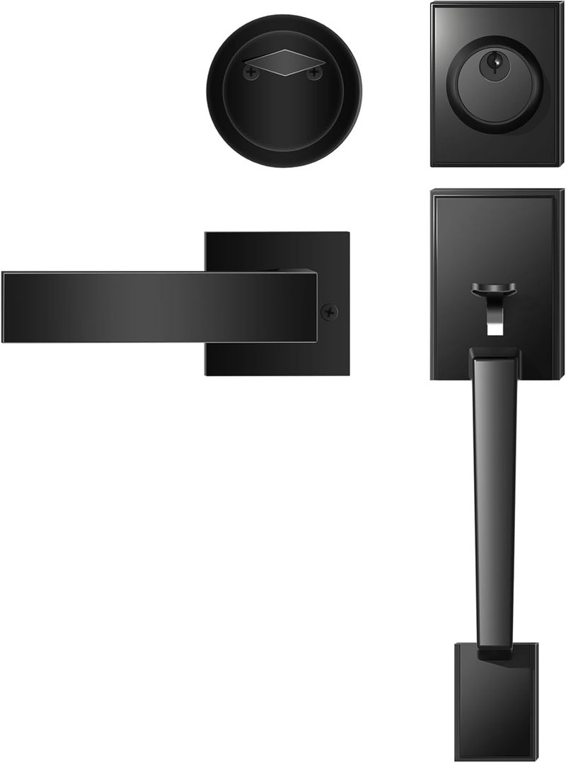Azdele Front Door Handle and Deadbolt Set, Front Door Lock Set, Exterior Door Lock Set, Front Door Handle with Single Cylinder Deadbolt for Exterior Door, Reversible for Right&Left(Matte Black Modern) - Image 1