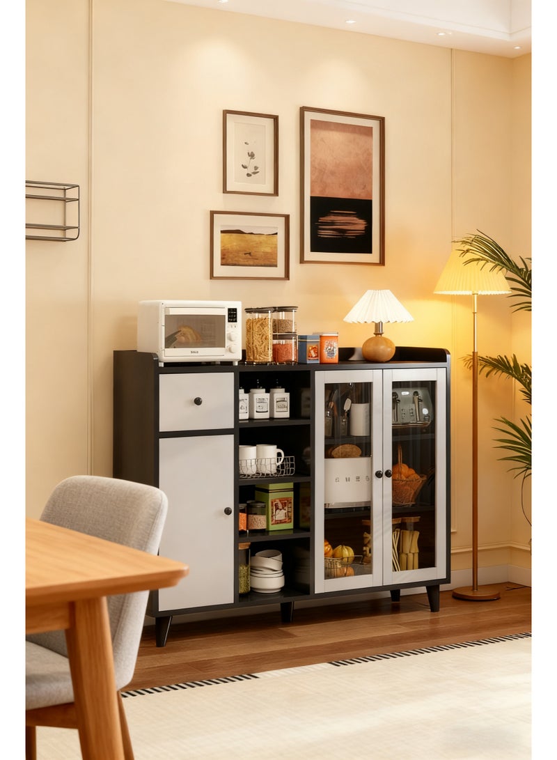Sideboard Buffet Cabinet, Coffee Bar Cabinet, Kitchen Storage Cabinet with 1 Drawer & 3 Doors, Open Storage Shelves, for Microwave Oven,Tableware, Spice and Kitchens Utensils  (Grey, ZWG013) - Image 1