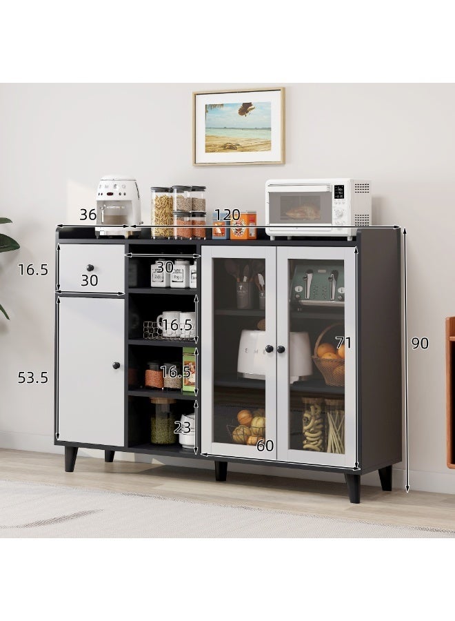 Sideboard Buffet Cabinet, Coffee Bar Cabinet, Kitchen Storage Cabinet with 1 Drawer & 3 Doors, Open Storage Shelves, for Microwave Oven,Tableware, Spice and Kitchens Utensils  (Grey, ZWG013) - Image 3