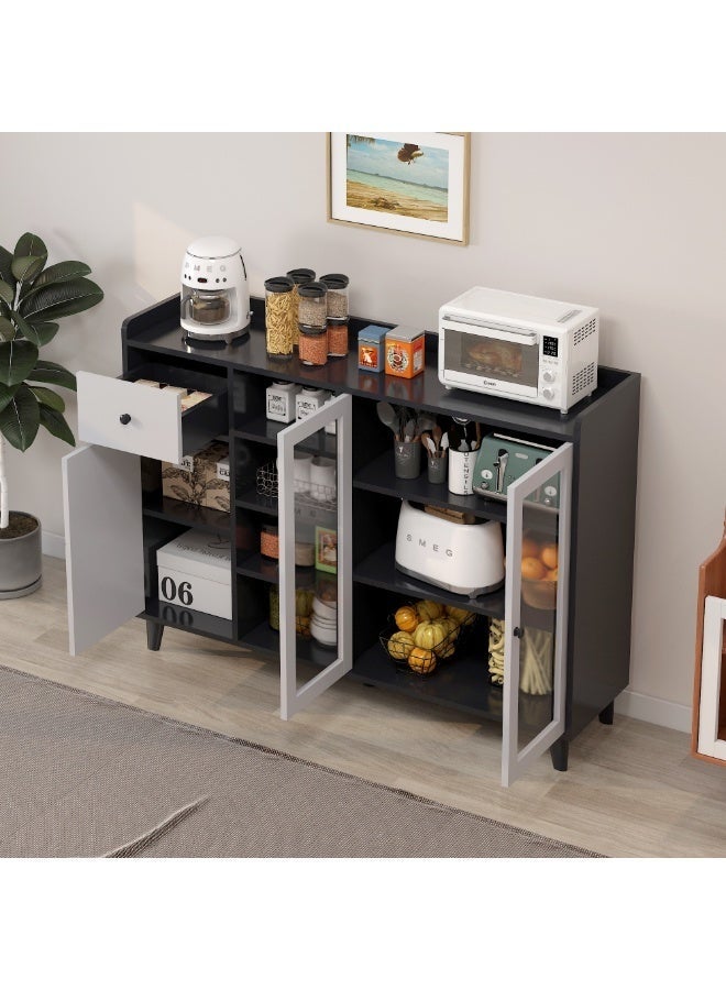 Sideboard Buffet Cabinet, Coffee Bar Cabinet, Kitchen Storage Cabinet with 1 Drawer & 3 Doors, Open Storage Shelves, for Microwave Oven,Tableware, Spice and Kitchens Utensils  (Grey, ZWG013) - Image 4