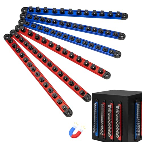 Tzuoen 6PC Magnetic Socket Organizer Set, 1/2" 3/8" 1/4" Drive Aluminum Alloy Socket Holder with Removable Socket Clips for Quick Customization, Socket Rail for Tool Box Drawer - Image 1