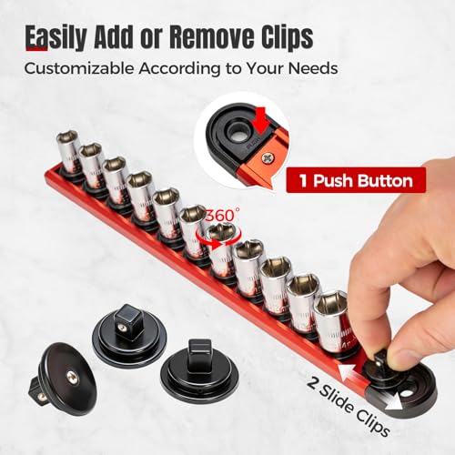 Tzuoen 6PC Magnetic Socket Organizer Set, 1/2" 3/8" 1/4" Drive Aluminum Alloy Socket Holder with Removable Socket Clips for Quick Customization, Socket Rail for Tool Box Drawer - Image 4