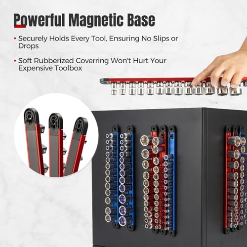 Tzuoen 6PC Magnetic Socket Organizer Set, 1/2" 3/8" 1/4" Drive Aluminum Alloy Socket Holder with Removable Socket Clips for Quick Customization, Socket Rail for Tool Box Drawer - Image 5