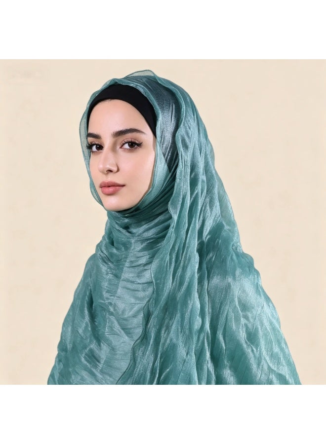 Women's Solid Color Fish-Thread Long Scarf, Shimmer Yarn Bubble Crepe Hijab, Thin Breathable Summer Headscarf, 180 x 55 cm - Image 1