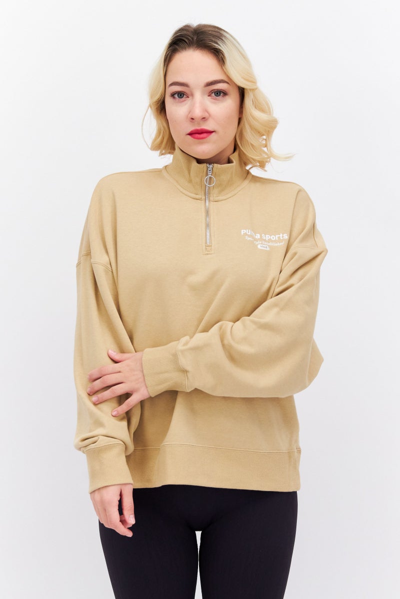 PUMA سويت شيرت خارجي طويل الأكمام للنساء بتصميم مريح، بيج - Image 1