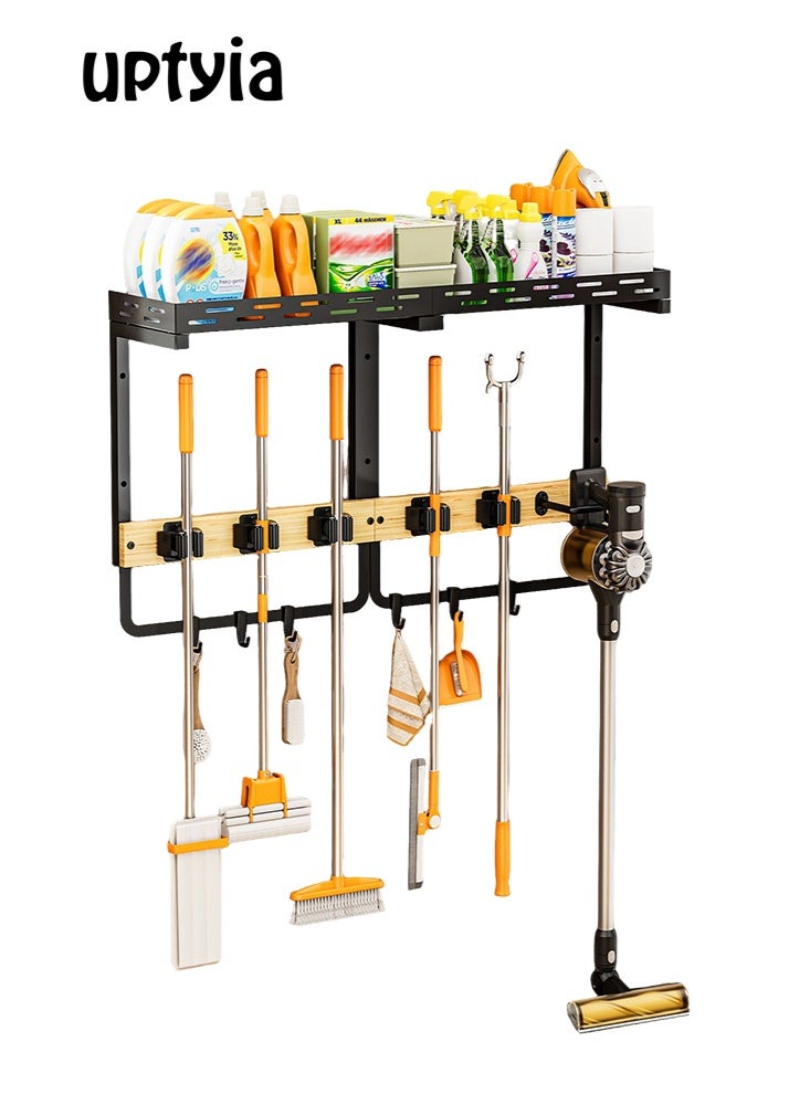 Uptyia Broom Holder Wall Mount with Cleaning Supplies Organizer, Laundry Room Shelves with Mop Hanger Rack Gripper Hooks and Vacuum Organizer, Broom and Mop Organizer Wall Hanging for Home Garage Kitchen - Image 1
