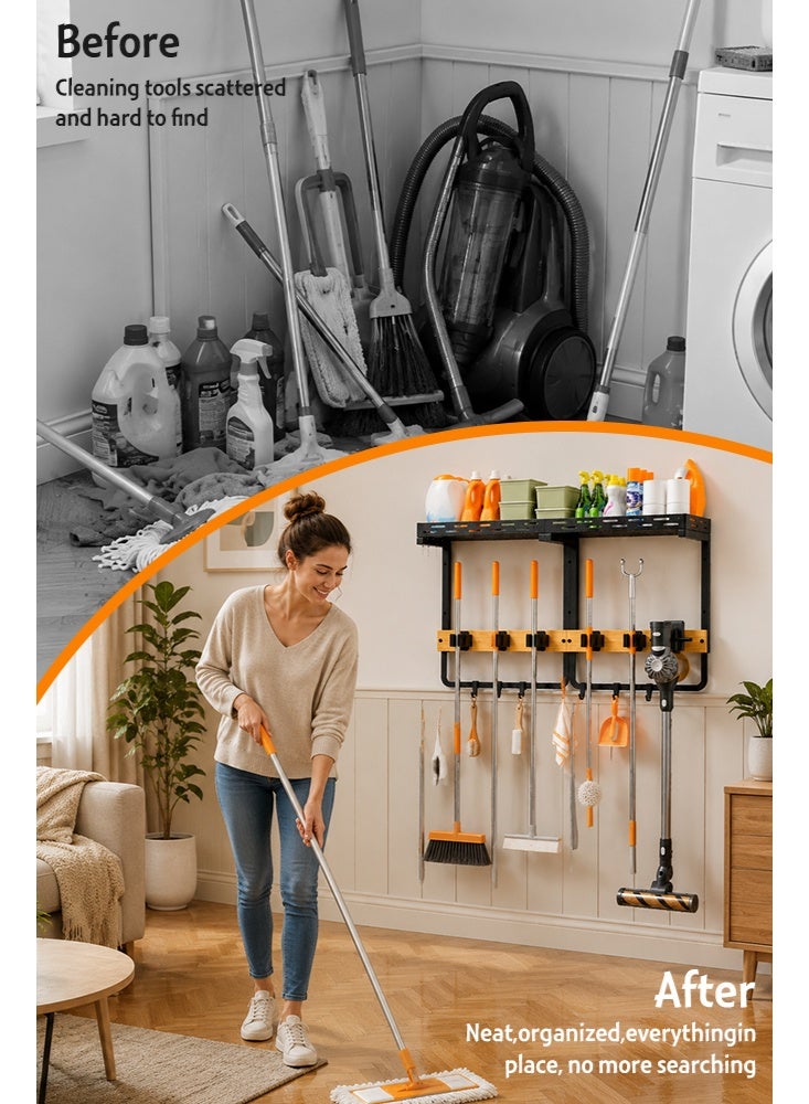Uptyia Broom Holder Wall Mount with Cleaning Supplies Organizer, Laundry Room Shelves with Mop Hanger Rack Gripper Hooks and Vacuum Organizer, Broom and Mop Organizer Wall Hanging for Home Garage Kitchen - Image 5
