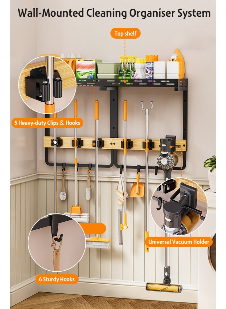 Uptyia Broom Holder Wall Mount with Cleaning Supplies Organizer, Laundry Room Shelves with Mop Hanger Rack Gripper Hooks and Vacuum Organizer, Broom and Mop Organizer Wall Hanging for Home Garage Kitchen - Image 3