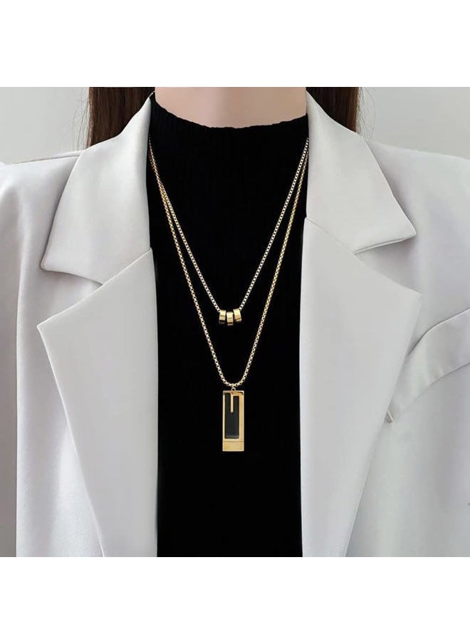 Gleamart - Stainless Steel Double-Layer Long Pendant Necklace Adjustable Sweater Chain Gift for Women Gold 04 - Image 1