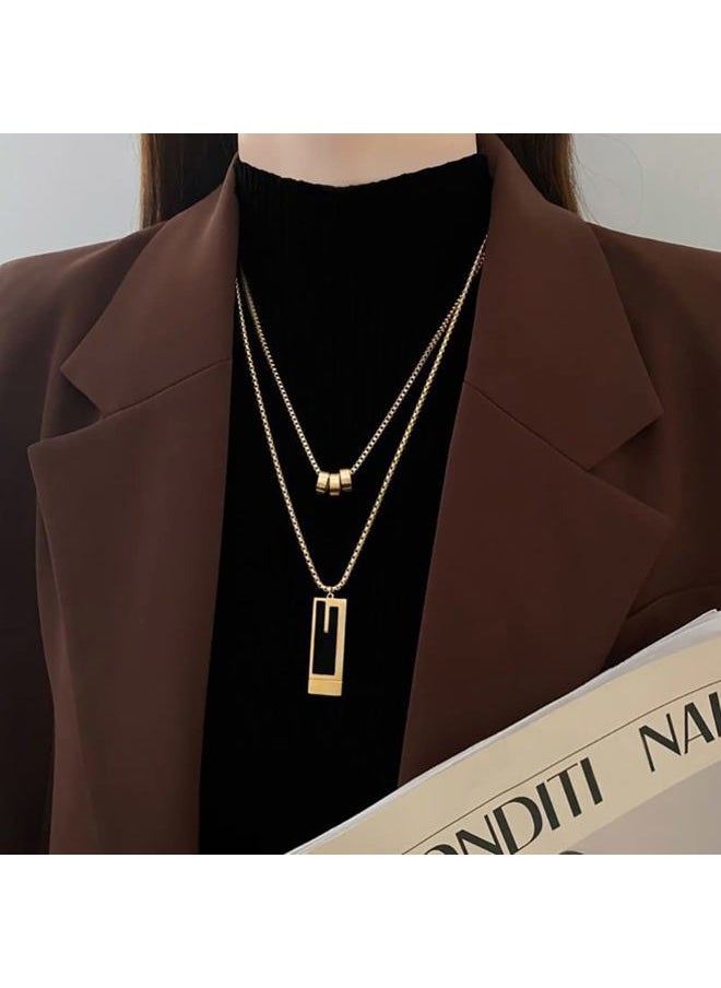 Gleamart - Stainless Steel Double-Layer Long Pendant Necklace Adjustable Sweater Chain Gift for Women Gold 04 - Image 1