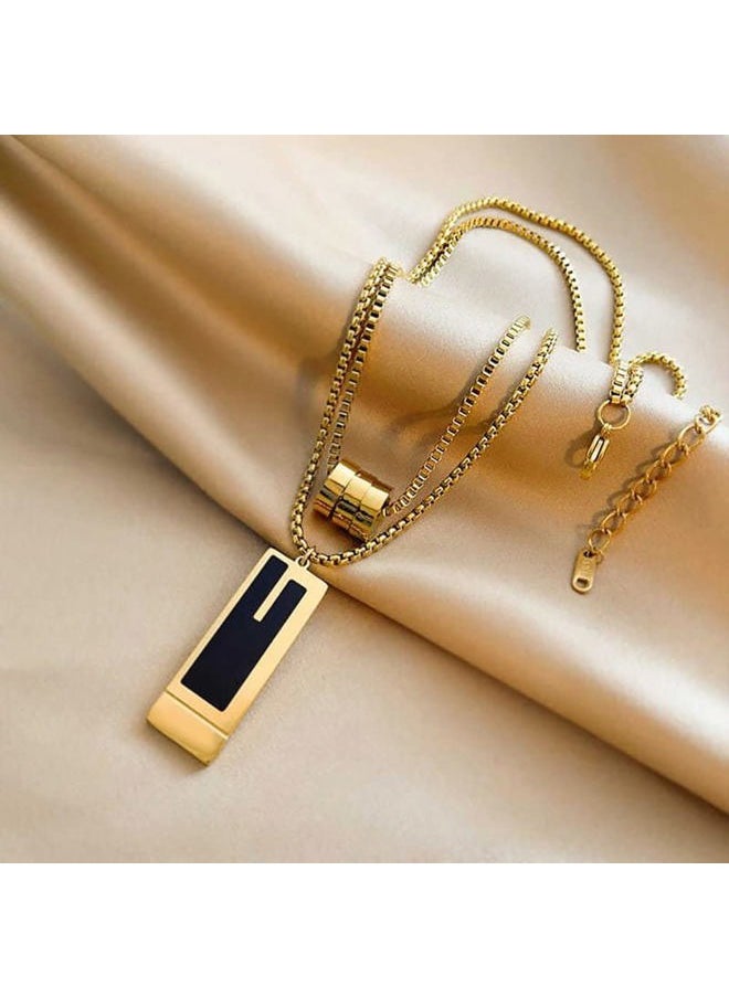 Gleamart - Stainless Steel Double-Layer Long Pendant Necklace Adjustable Sweater Chain Gift for Women Gold 04 - Image 1