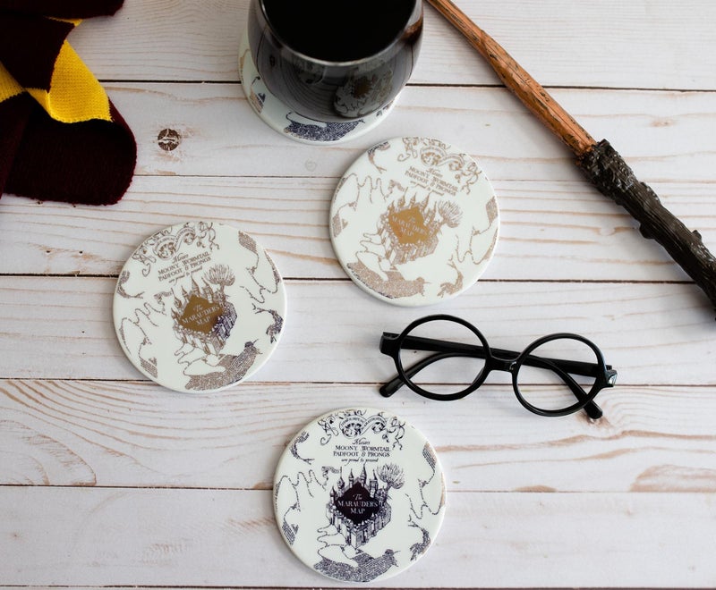 Seven20 Harry Potter Marauder's Map Coaster Set of 4 - Ceramic Coasters with Gold Marauders Map Design, 4" - Officially Licensed - Decor Gift for Women and Men - Image 2