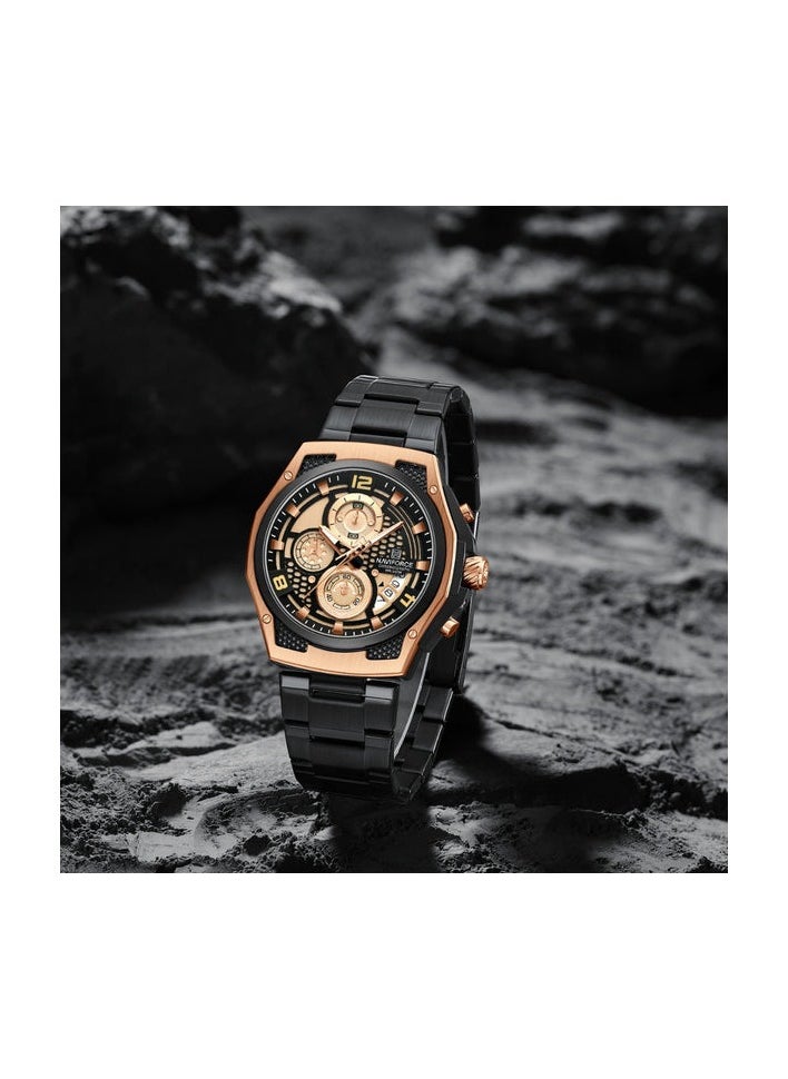 NAVIFORCE Men’s Chronograph Watch with Rose Gold and Black Stainless Steel Bracelet, Multi-Function Dial, and Luminous Hands  - Image 3
