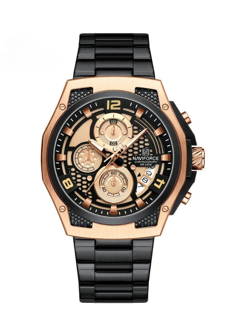 NAVIFORCE Men’s Chronograph Watch with Rose Gold and Black Stainless Steel Bracelet, Multi-Function Dial, and Luminous Hands  - Image 1