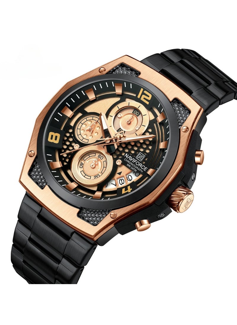 NAVIFORCE Men’s Chronograph Watch with Rose Gold and Black Stainless Steel Bracelet, Multi-Function Dial, and Luminous Hands  - Image 2