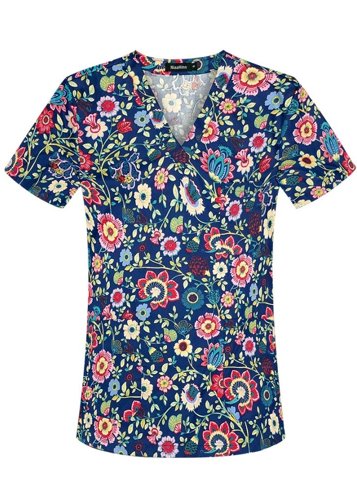Loquat V-Neck Printed Medical Uniform Scrubs Top for Women Workwear Soft Comfty Easy Care 