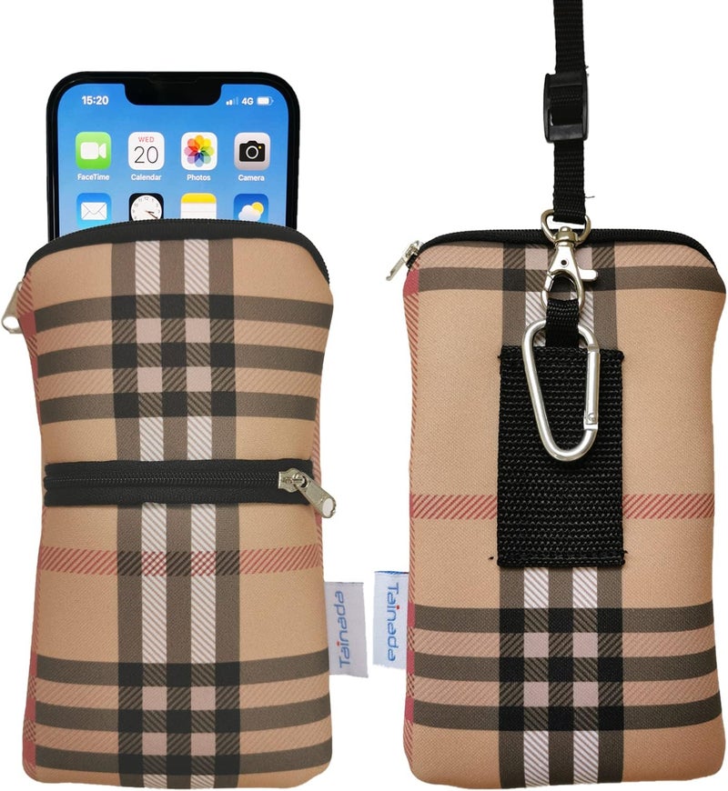Tainada Men Women Cell Phone Neoprene Shockproof Zipper Sleeve Case Bag Pouch w/Clip Hook, Neck Lanyard, Belt Loop Holster for iPhone 17/16 Pro Max, 16 Plus; Samsung S25+, S24 (Camel Brown Plaid) - Image 1