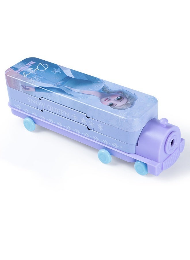 مقلمة سحرية بتصميم قطار ثلاثي الأبعاد أزرق جليدي - مع مبراة أقلام مدمجة للأطفال 5-12 سنة (هدية مميزة للمدرسة وأعياد الميلاد بتفاصيل ثلجية أنيقة)