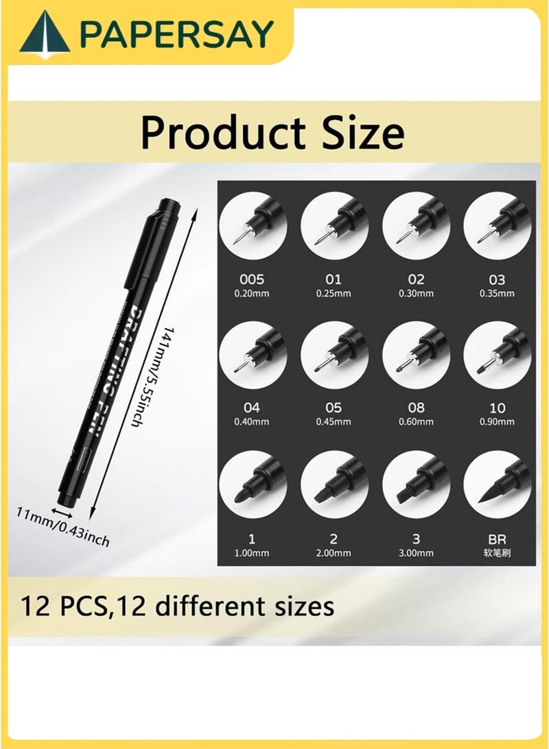 PAPERSAY 12 Pcs Black Drawing Art Pens, Drawing Pens Micro Fineliner Pens, Fine Tip Manga Markers for Artist Sketch Technical - Image 2