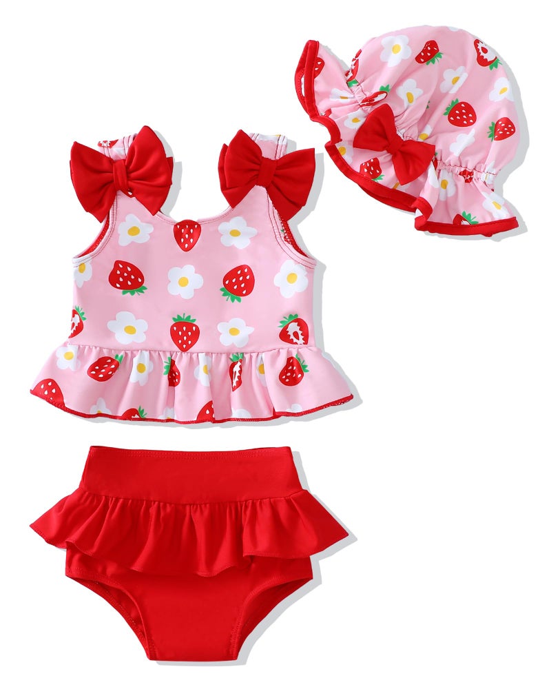Mioglrie Baby Swimsuit Girl 6-9 9-12 Months Baby Bathing Suit Girl Two Piece Red Strawberry Bikini Summer Beach Swimwear Infant Tankini Hat Set 6-12 Months - Image 1