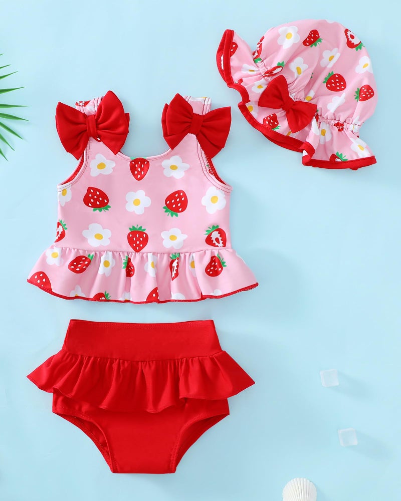 Mioglrie Baby Swimsuit Girl 6-9 9-12 Months Baby Bathing Suit Girl Two Piece Red Strawberry Bikini Summer Beach Swimwear Infant Tankini Hat Set 6-12 Months - Image 2