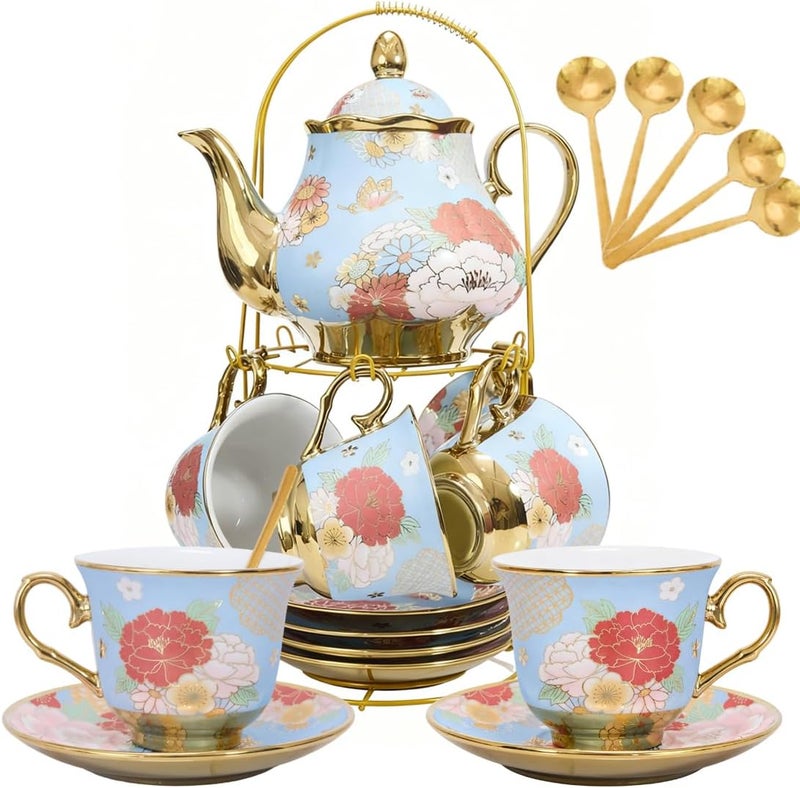 CHANJOON Gold Plated Red Rose Ceramic Tea Set, Vintage Tea Sets with Teapot, Beautiful Tea Set Coffee Serving 6 People (Green, X Large) - Image 1
