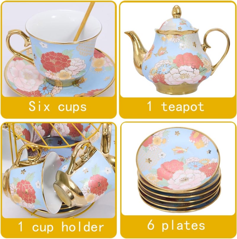 CHANJOON Gold Plated Red Rose Ceramic Tea Set, Vintage Tea Sets with Teapot, Beautiful Tea Set Coffee Serving 6 People (Green, X Large) - Image 3