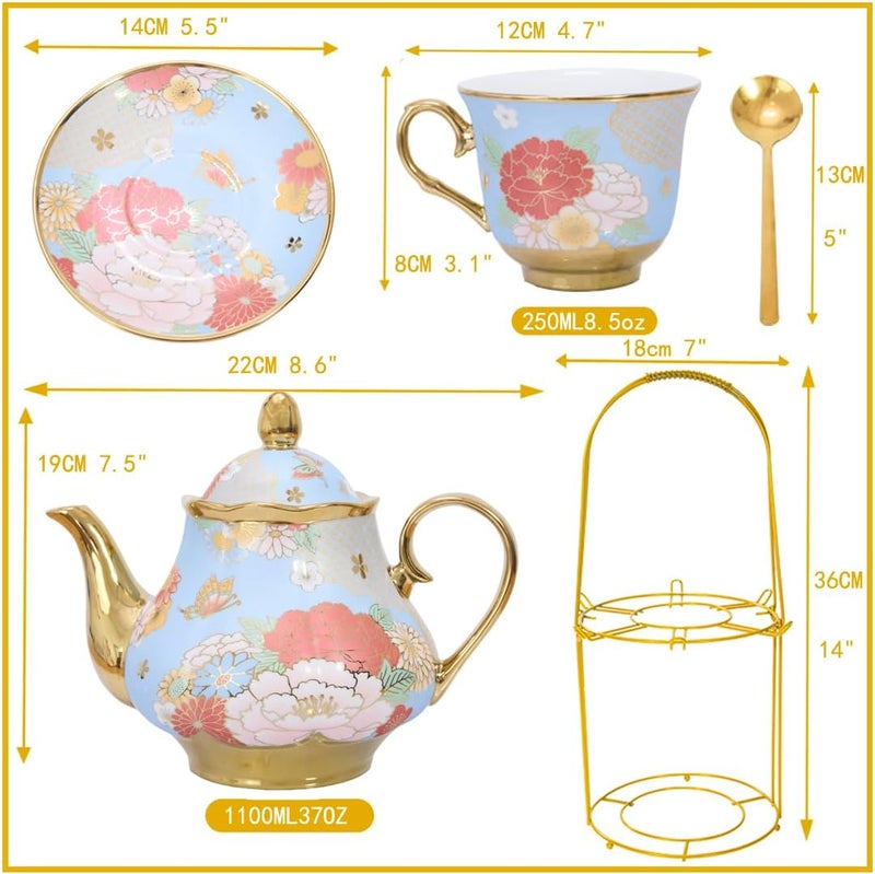 CHANJOON Gold Plated Red Rose Ceramic Tea Set, Vintage Tea Sets with Teapot, Beautiful Tea Set Coffee Serving 6 People (Green, X Large) - Image 2