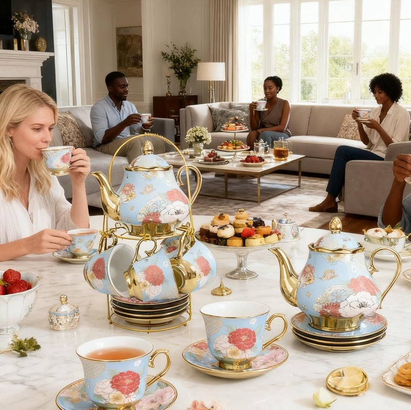 CHANJOON Gold Plated Red Rose Ceramic Tea Set, Vintage Tea Sets with Teapot, Beautiful Tea Set Coffee Serving 6 People (Green, X Large) - Image 5