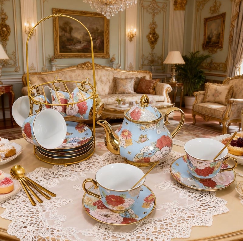 CHANJOON Gold Plated Red Rose Ceramic Tea Set, Vintage Tea Sets with Teapot, Beautiful Tea Set Coffee Serving 6 People (Green, X Large) - Image 4