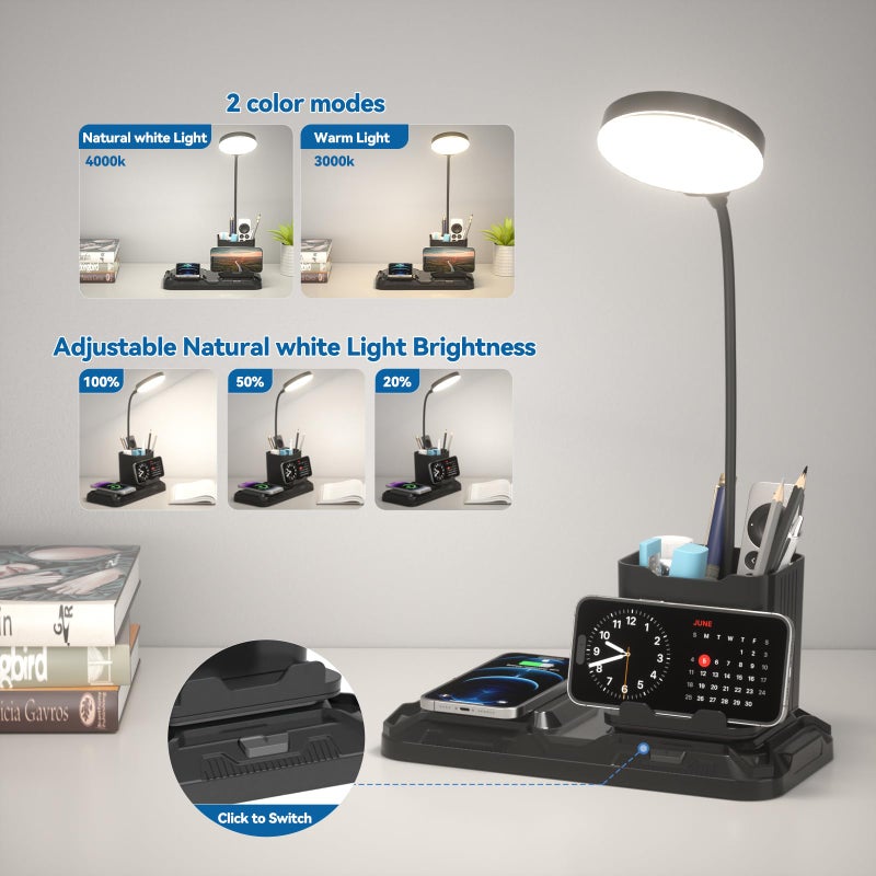 KDD 4 in 1 Desk Lamp with Wireless Charger - 360Â° Rotating Gooseneck Small Table Lamp with Pen Holder & Phone Stand, Adjustable White and Warm Light Dual Mode LED Desk Light for College Dorm Room - Image 4